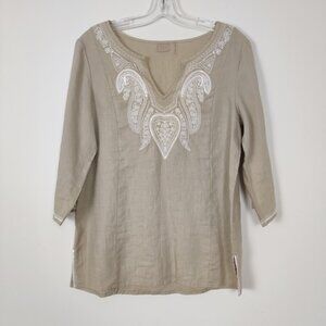 Linen Embroidered Tunic Top Women's Embroidered Blouse Size Medium Bohemian